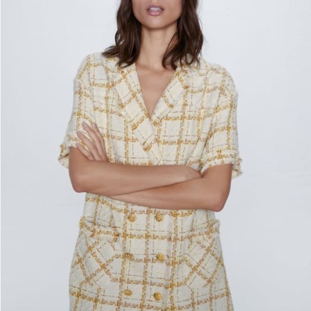 Zara Cream and Gold Plaid Mini Dress - Picture 7 of 8